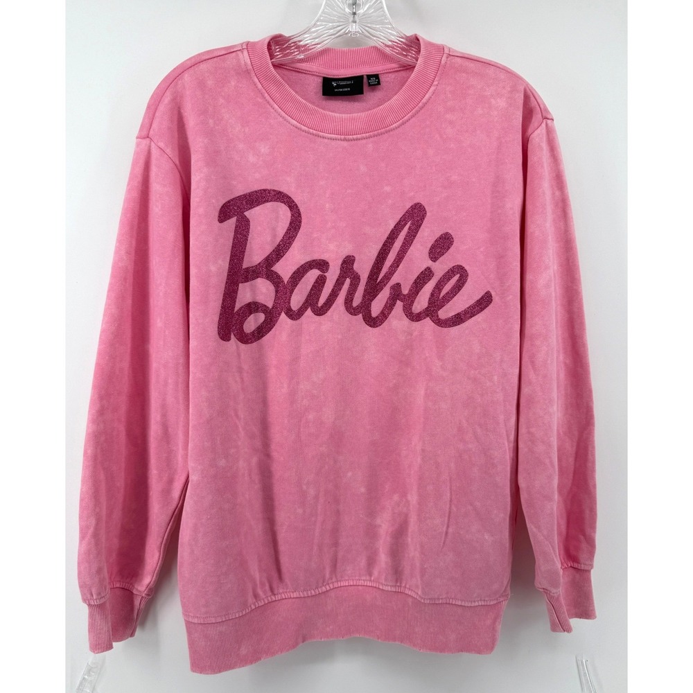 Barbie Pink Mineral Wash Glitter Logo Graphic Sweatshirt XS Mattel 2023